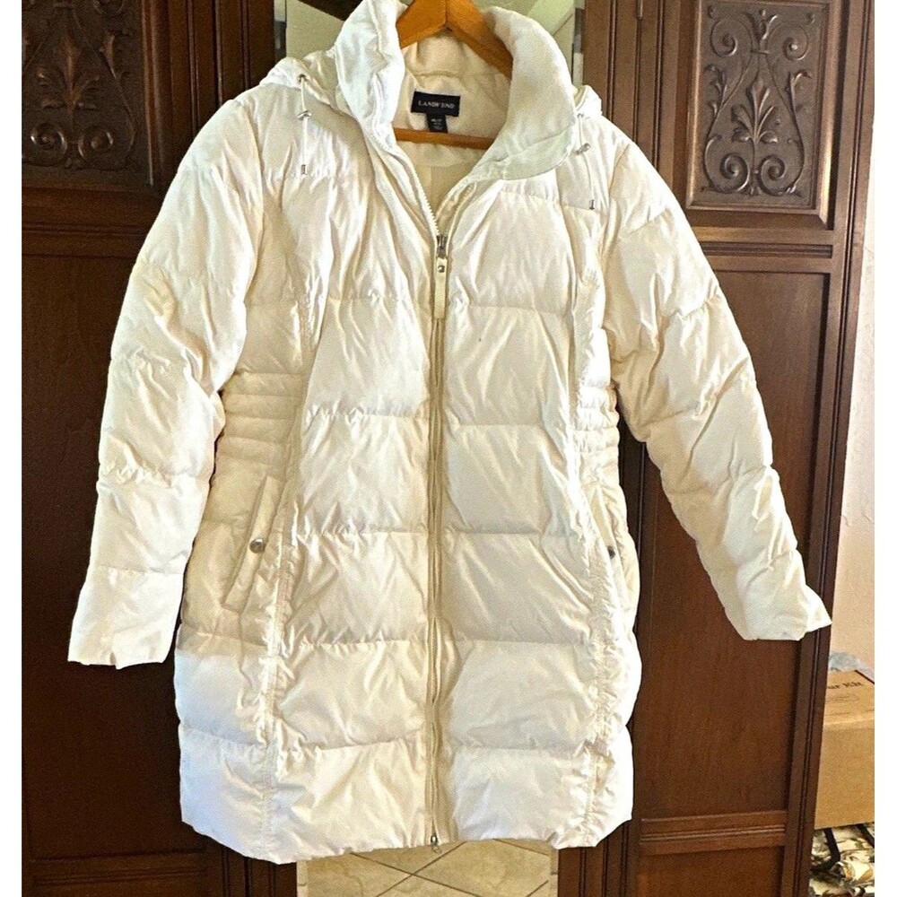 Lands' End White Hooded Down Puffer Coat Long Zip Pockets Womens M/P Petite